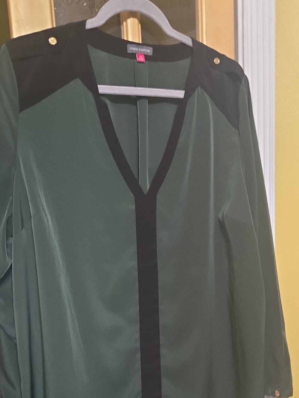 Vince Camuto Gorgeuse  Dark Hunter Green V-Neck Blouse with Black Trim